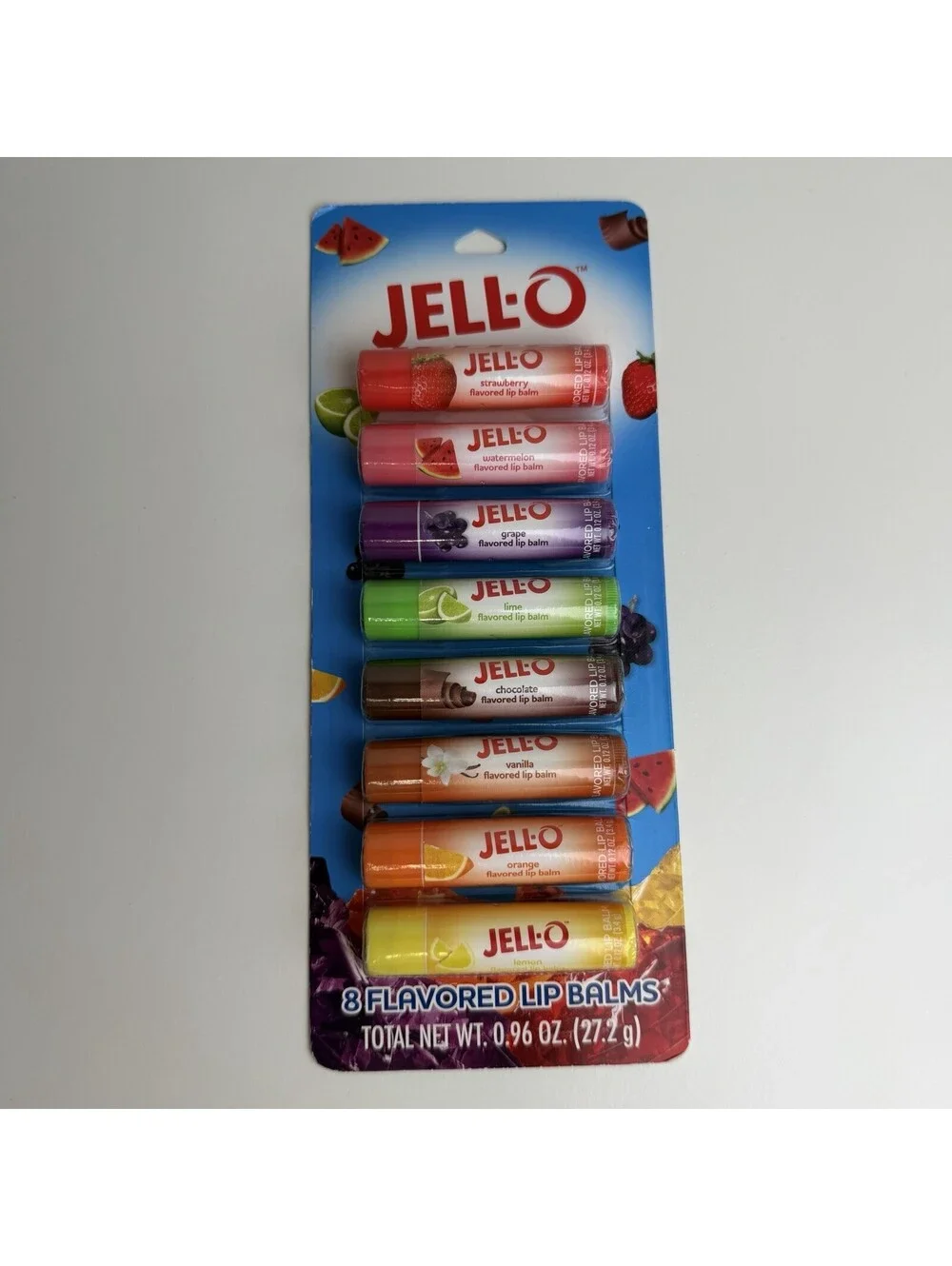 Jell-O 8 Pack Flavored Lip Balms Strawberry Watermelon Grape Lime Chocolate NIP
